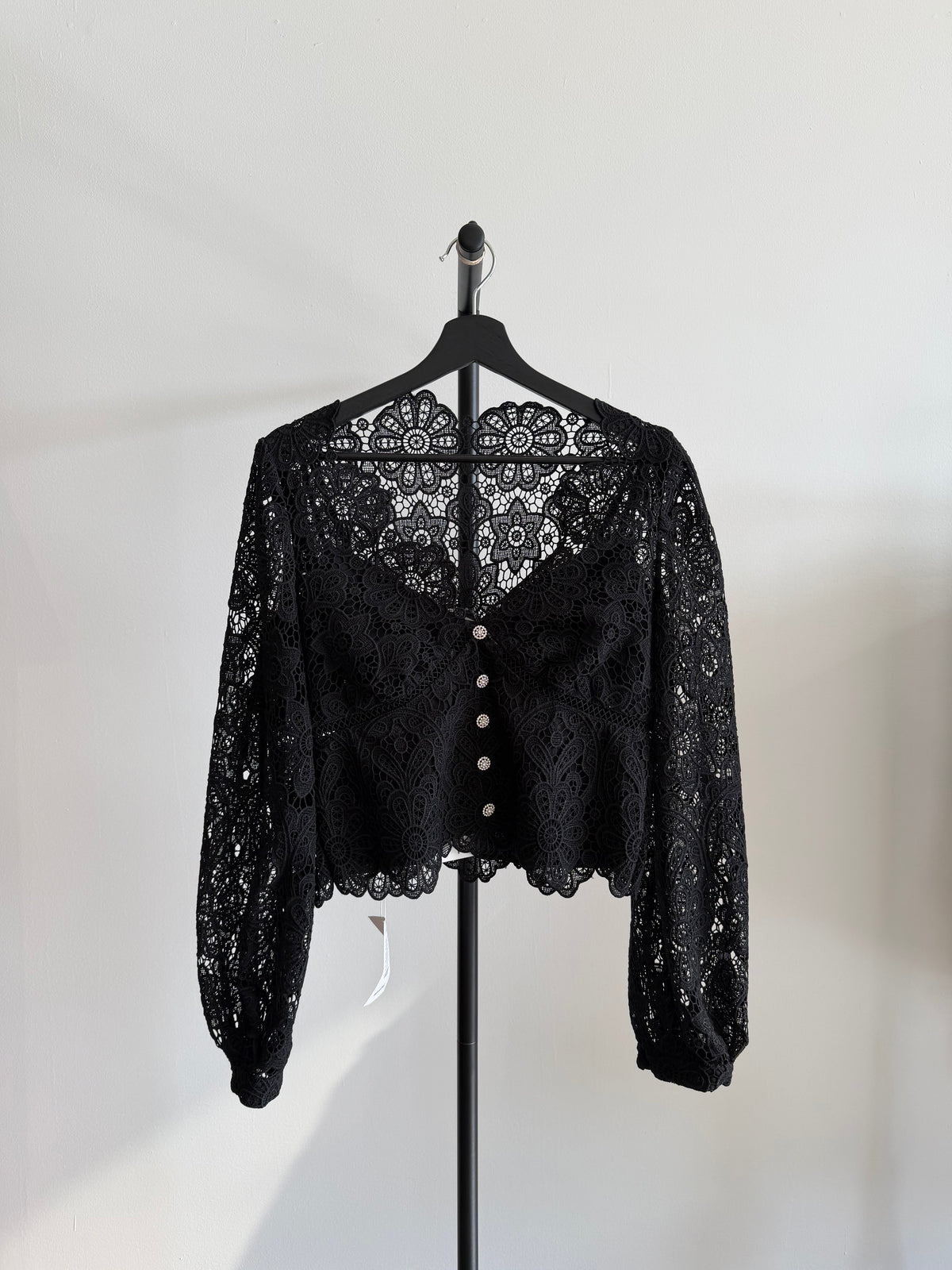 Self-Portrait Black Lace Guipure Puff Sleeve Blouse