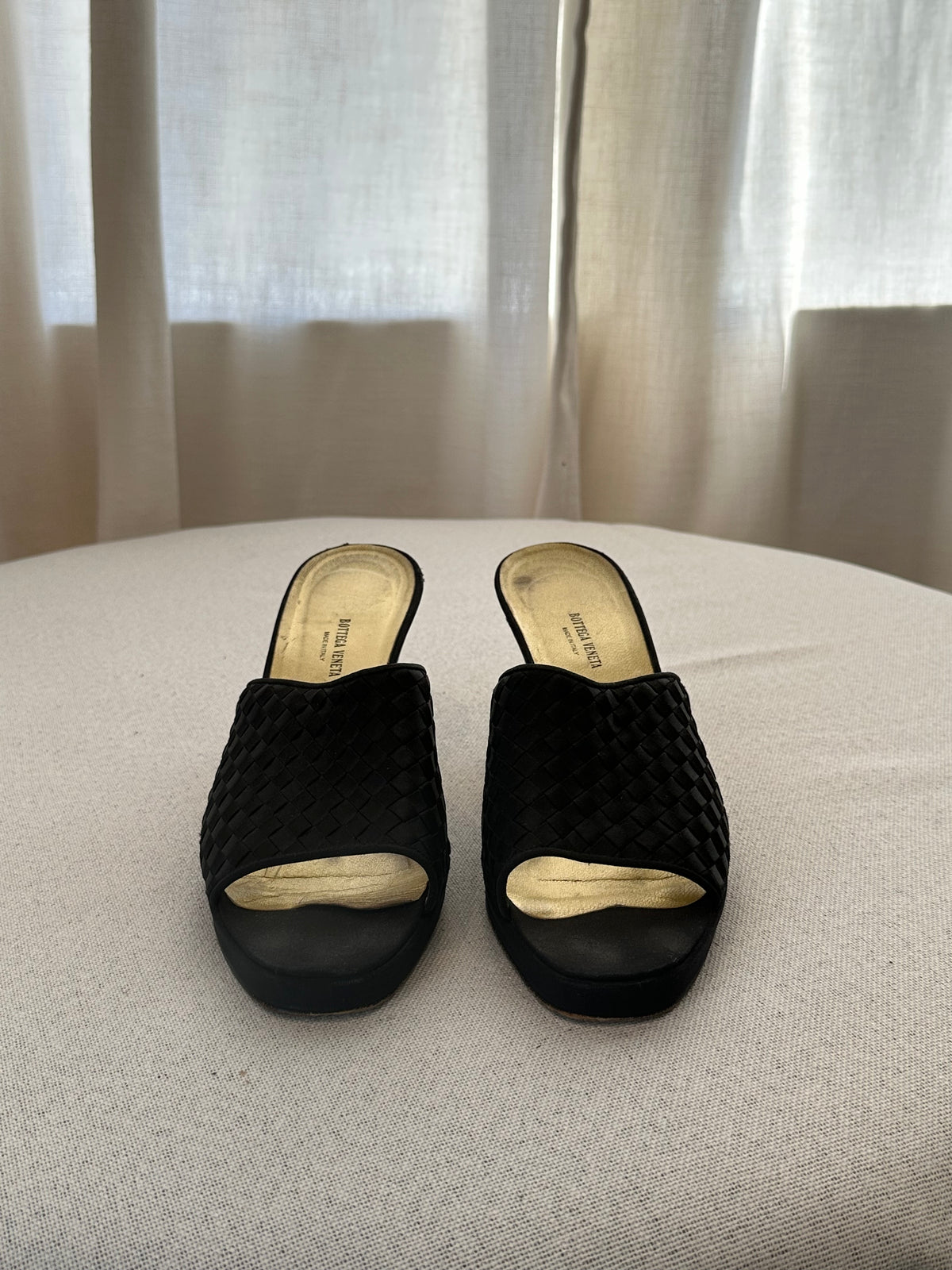 Bottega Veneta Black Satin Slides